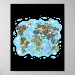 Poster Zoo Animais Mundo Mapa Planeta Terra Selo Ecológic