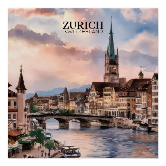 Pôster Zurich Switzerland Watercolor Painting