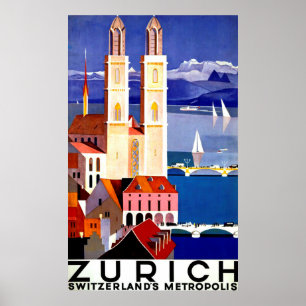 Poster Zurique, cidade da suiça, igreja, viagens vintage