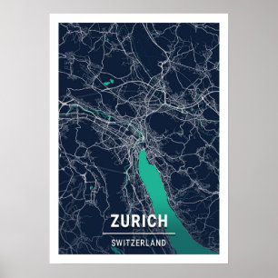 Poster Zurique - Mapa da Cidade Suiça Azul Escura