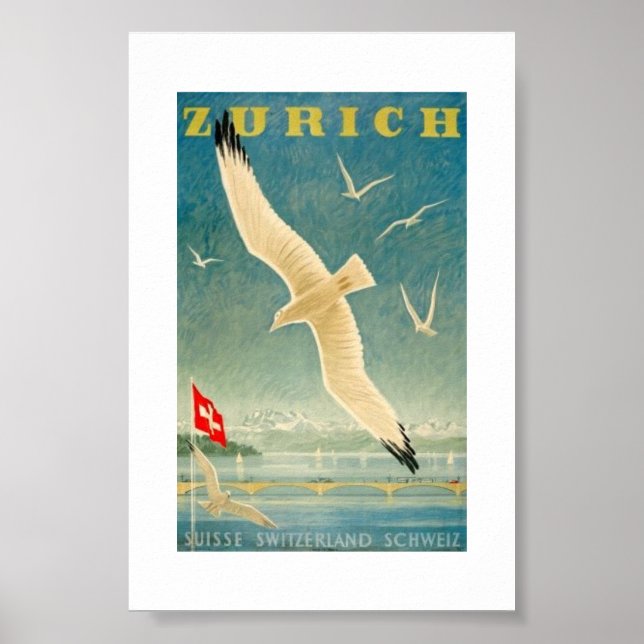 Poster Zurique, Suiça, Advert, Seagull, Vintage (Frente)
