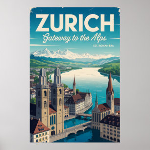 Poster Zurique Suíça Paisagem Urbana Retrô Viagem