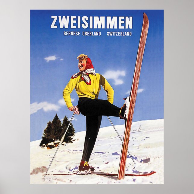 Poster Zweisimmen, Bernese Oberland, Suiça, ski (Frente)