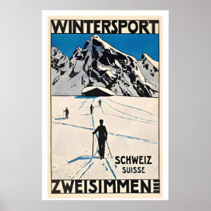 Poster Zweisimmen Esporte de Inverno Suíça Esqui Vintage
