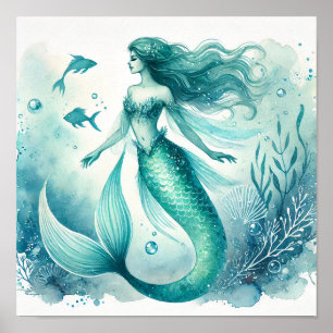 Pôsteres de Arte de Parede de Sereia em Aquarela