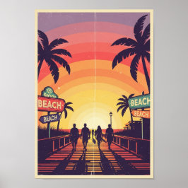 Pôsteres Impressão Vintage Praia Pôr do Sol