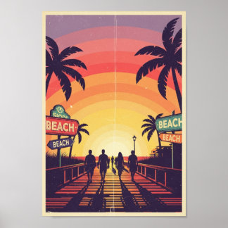 Pôsteres Impressão Vintage Praia Pôr do Sol