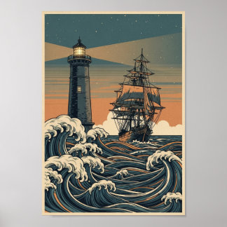 Pôsteres Vintage Oceano Farol Impressão