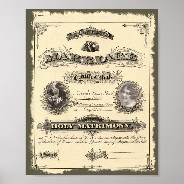 Posters de certificados de Casamento Vintage 1800 (Frente)