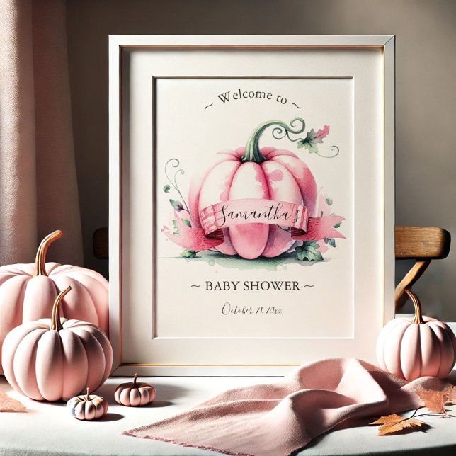 Posters de Chá de fraldas de abóbora rosa (Fall baby shower posters watercolor pink pumpkins by Do Tell A Belle.)