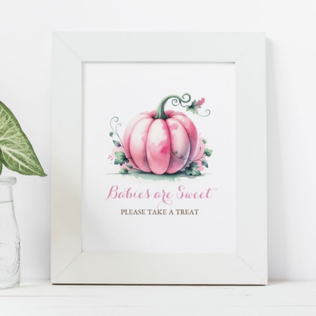 Posters de Chá de fraldas de abóbora rosa (Baby shower posters fall pink pumpkin decor watercolor babies are sweet please take a treat.)