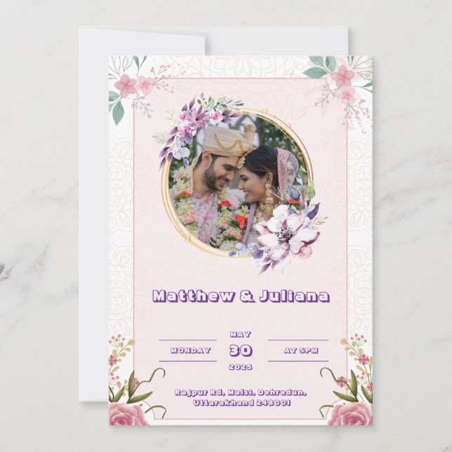 Posto Convites para Casamentos de Cor Rosa (Frente)