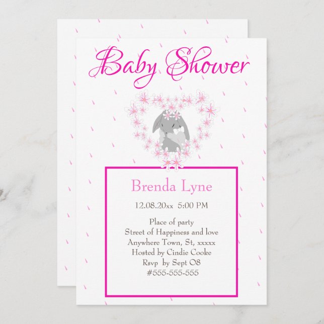 Posto de convite para Chás de fraldas Rosa Bunny R (Frente/Verso)