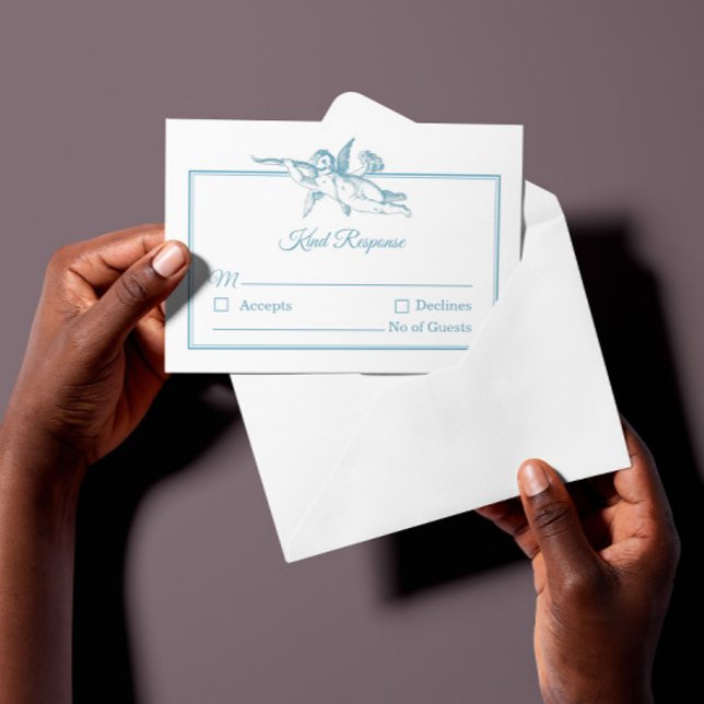 Powder Blue Toile de Jouy Cherub Wedding RSVP Card (Criador carregado)