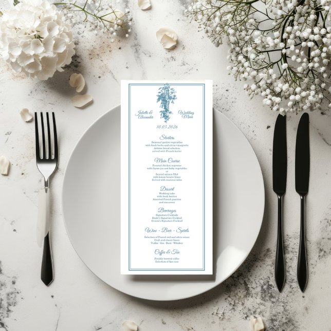 Powder Blue Toile de Jouy Wedding Menu Card (Criador carregado)