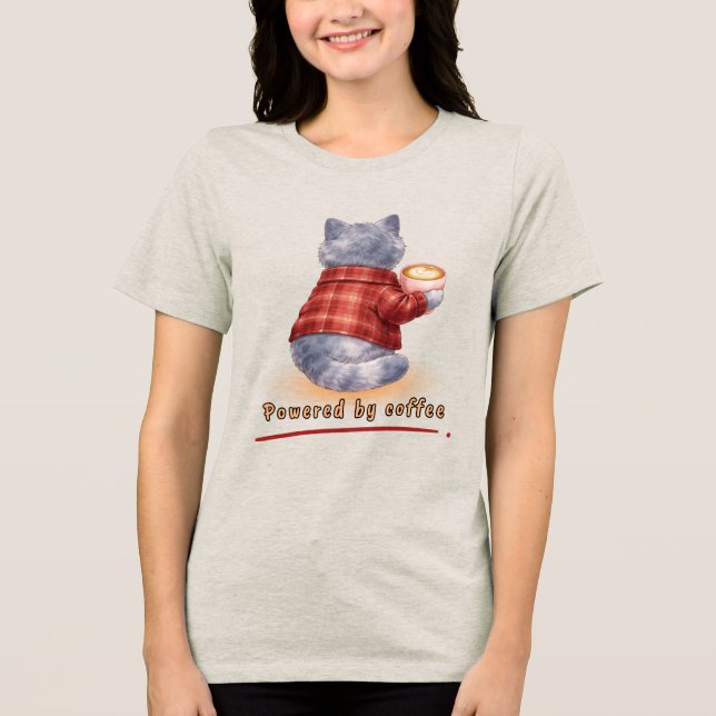 "Powered by Coffee" Cat Holding A Cup of Coffee (Frente)