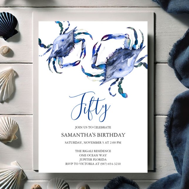 Praia 50º Aniversário Convites Caranguejo (50th Birthday invitations blue watercolor crab art by Victoria Grigaliunas of Do Tell A Belle)