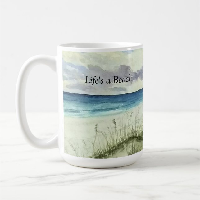 praia aquarela, a vida é uma praia, caneca de café (Esquerda)
