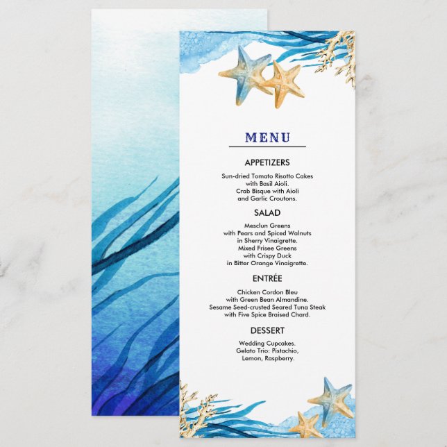 Praia | Cartões de menu para casamentos com aquare (Frente/Verso)