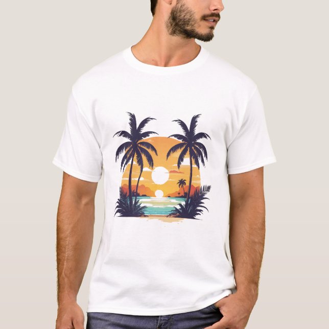 Praia de camisetas de verão com coqueiros (Frente)