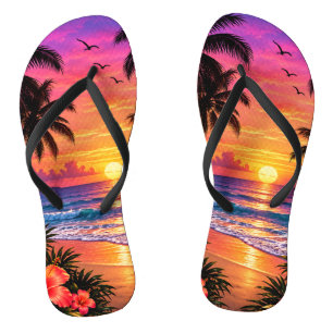 Praia do pôr do sol tropical Palmeiras chinelo