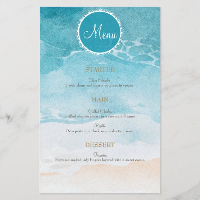 Praia, Menu de Casamento de Fundo de Aquarela Oceâ (Frente)
