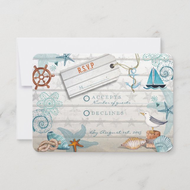 Praia Náutica Rustic Blue Wooden | Casamento RSVP (Frente)