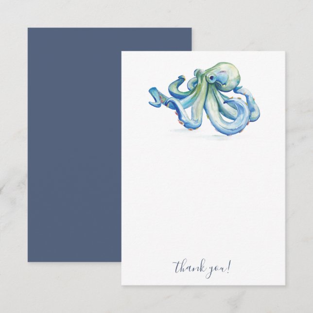 Praia Obrigado Cartões Blue Watercolor Octopus (Frente/Verso)