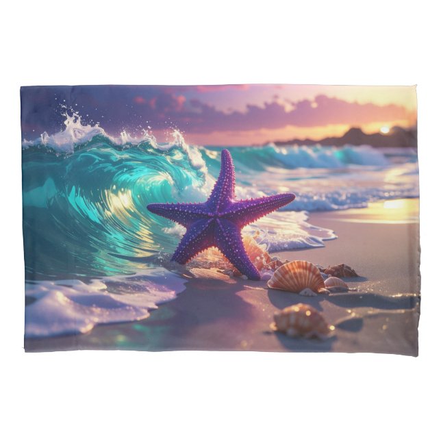 Praia oceânica com estrelas-do-mar violetas (Frente)