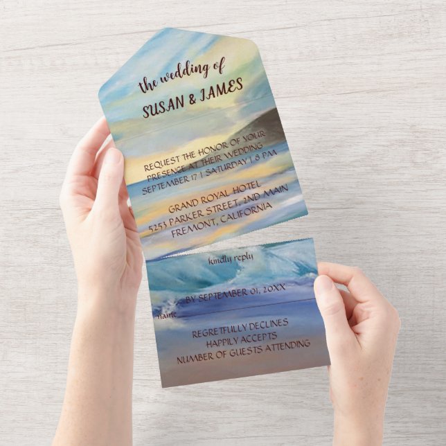 Praia Sunset azul profundaTudo em um Convite de ca (Aba destacável)