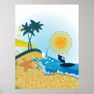 praia tropical, oceano com surfista poster impress