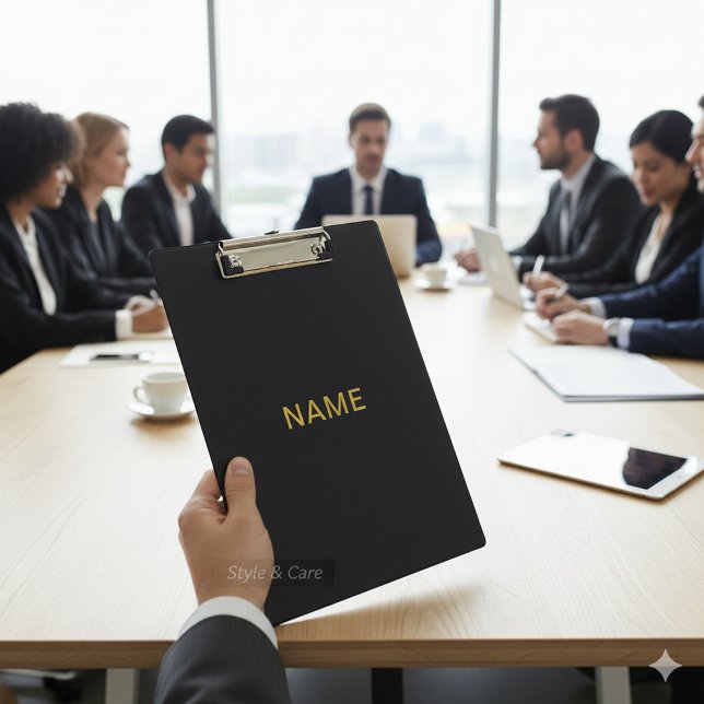 Prancheta Preta Moderna com Nome Personalizado Des (Modern Black Clipboard with Personalized Name Design)