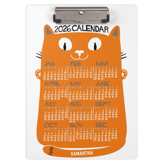 Pranchetas 2026 Year Monthly Calendar Mid-Century Orange Cat (Frente)