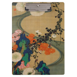 Pranchetas 29. 菊花流水図, crisântemo do 若冲 & córr