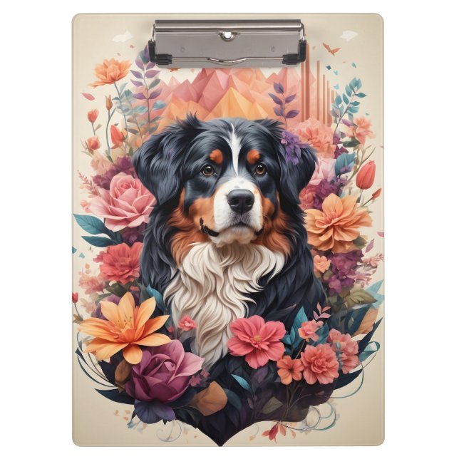 Pranchetas 3D Fantasia Floral Bernese Mountain Dog Birds Ver (Frente)