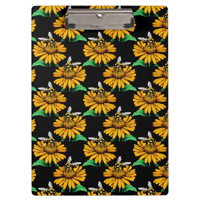 Pranchetas Abelha sobre Flor de Girassol Design Preto (Frente)