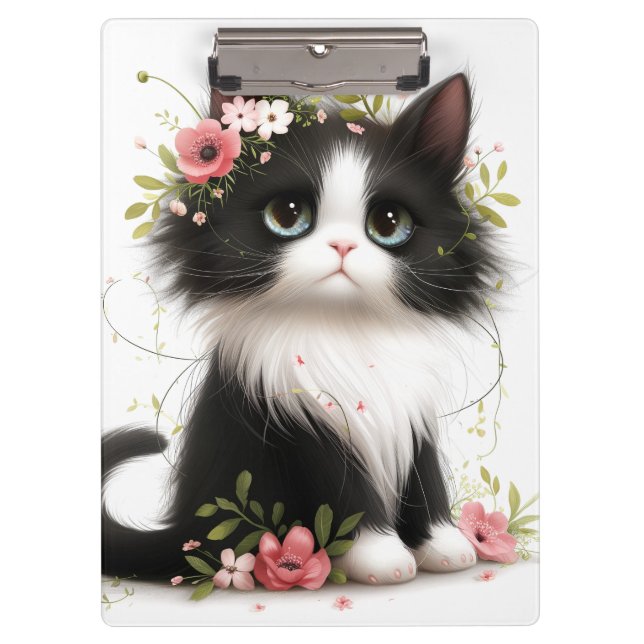 Pranchetas Adorável Tuxedo Kitten com Flores (Frente)