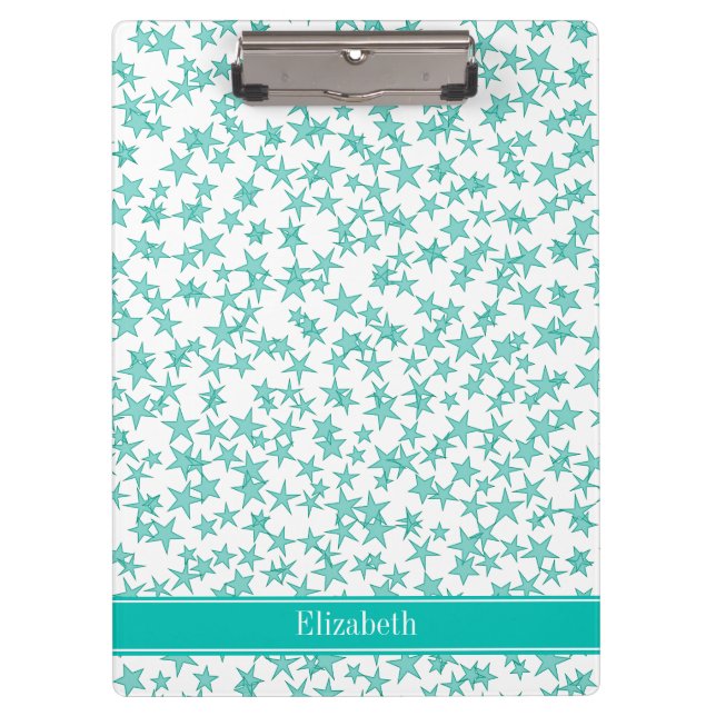 Pranchetas Aqua Turquoise Stars White BG, Nome Teal Monograma (Frente)