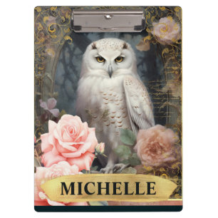 Pranchetas Aquarela Vintage Coruja Branca e Rosas Rosas