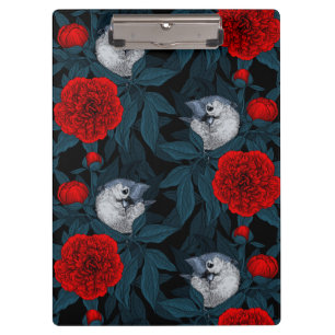 Pranchetas Aves e flores vermelhas de pénia com folhas azuis