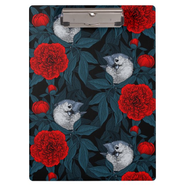 Pranchetas Aves e flores vermelhas de pénia com folhas azuis (Frente)