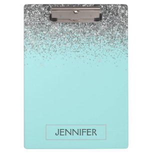 Pranchetas Azul Água Turquesa  Glitter Prateado Nome Monogram