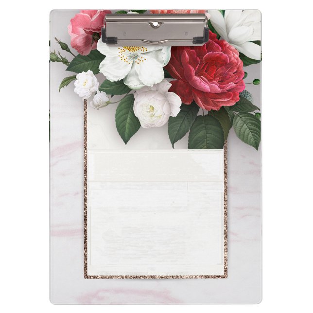 Pranchetas Belo Design Floral (A clipboard with a floral design, featuring a mix of red, pink, and white roses with green leaves.)