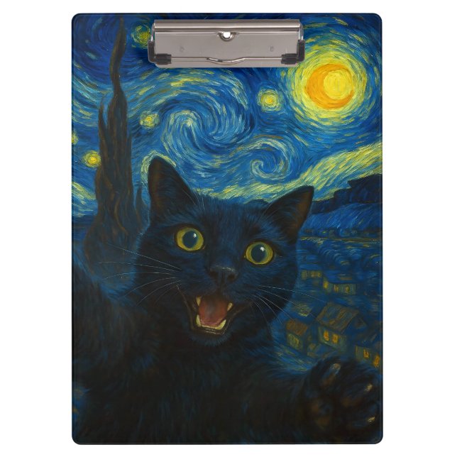 Pranchetas Black Cat Starry Night Van Gogh Cat Selfie (Frente)