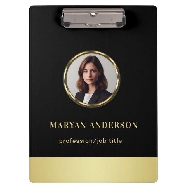 Pranchetas Black & gold design, Logo or Photo in gold circle, (Frente)