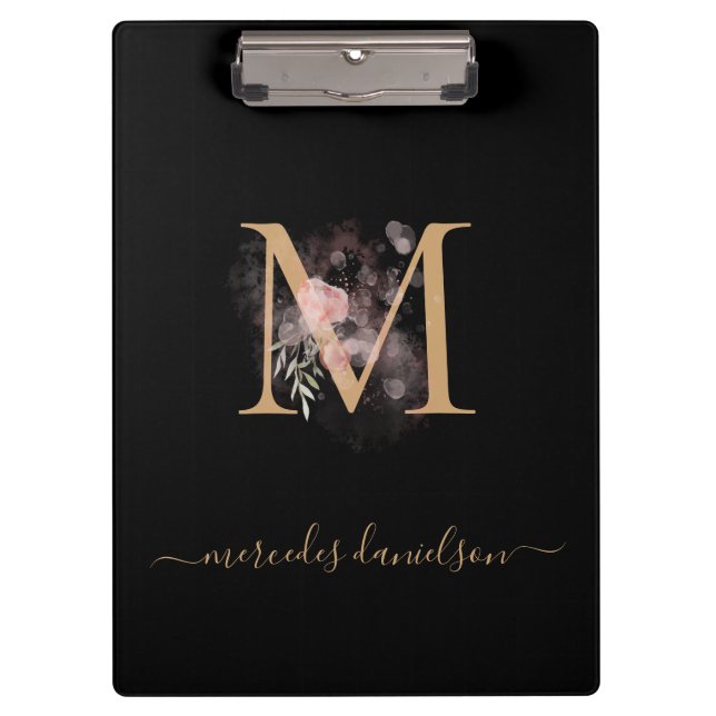 Pranchetas Blush Floral Monogramado Preto Moderno Dourado   (Frente)