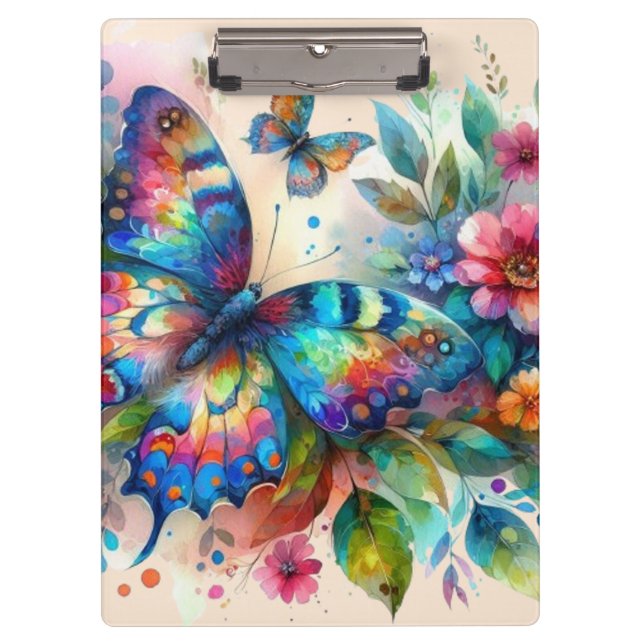 Pranchetas Borboleta de Aquarela Floral Azul-Rosa (Frente)