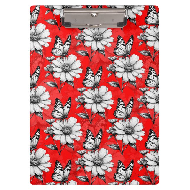 Pranchetas Borboleta Sobre Design Vermelho Padrão De Flor (Frente)