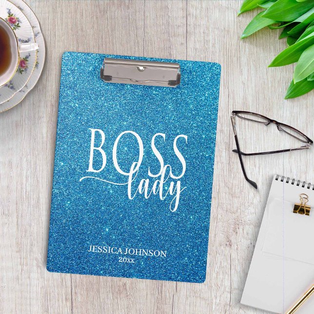 Pranchetas Boss Lady Blue Sparkle and White Script (Criador carregado)