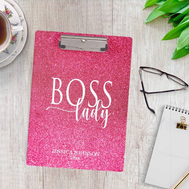 Pranchetas Boss Lady Pink Sparkle and White Script (Criador carregado)